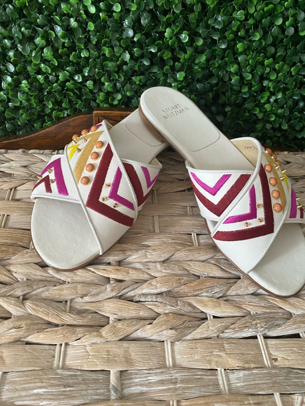 Stuart Weitzman Cream Slides with Pink & Burgundy Chevron and Gold Studs